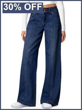 High Waisted Wide Leg Stretchy Jeans Straight Leg Dual Button Women's